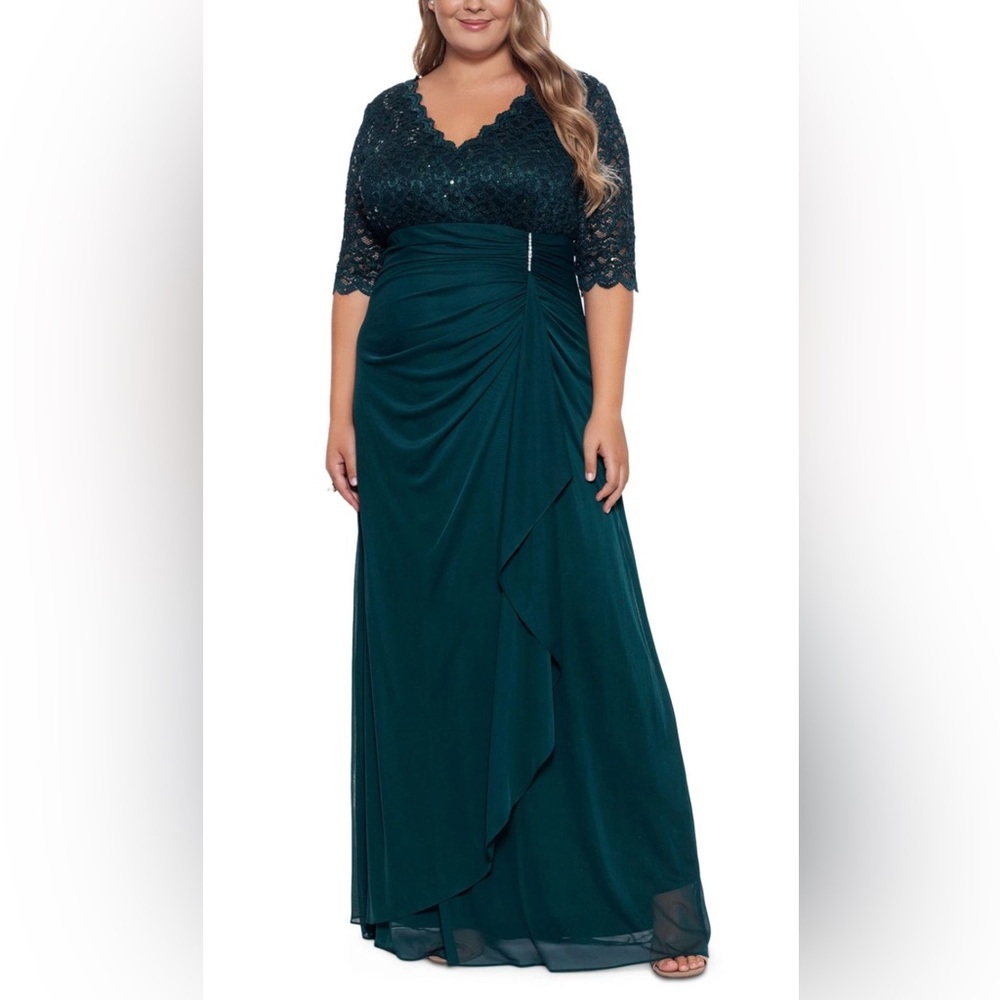 BETSY & ADAM WOMEN’S FORMAL DRESS PINE GREEN ON 3/4 SLEEVE SHEER AUTHENTIC NWT